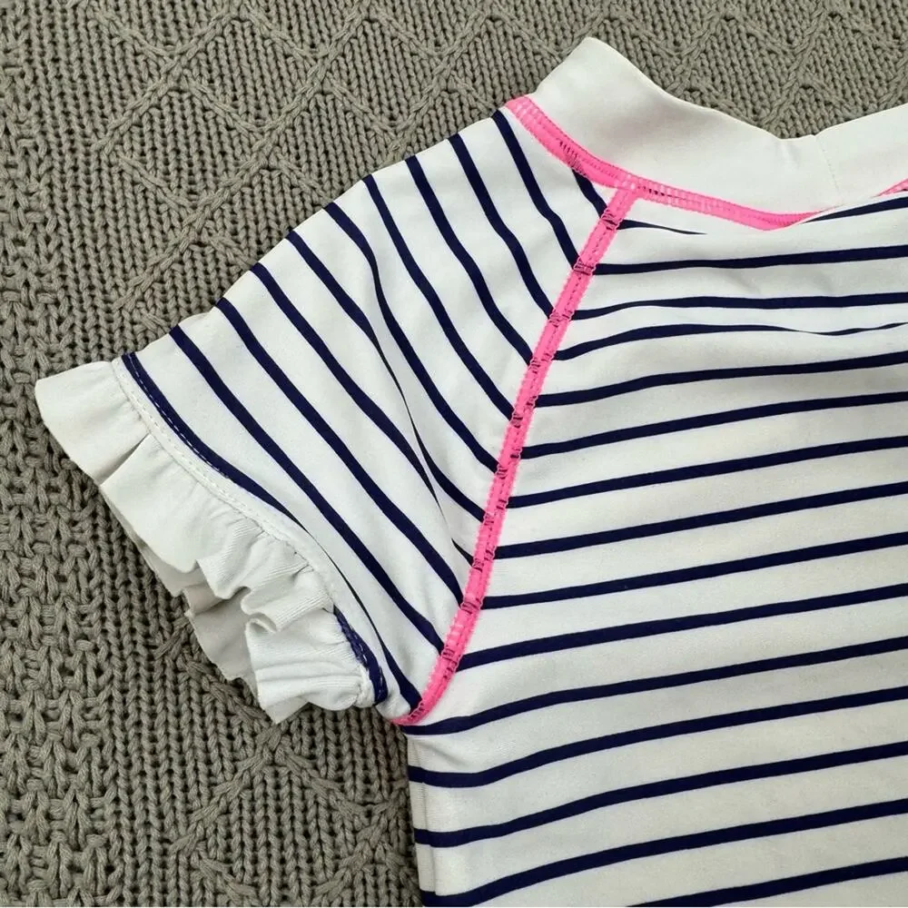 Janie and Jack Striped Kids Swim Top Rash Guard with Pink Accents ~ 4